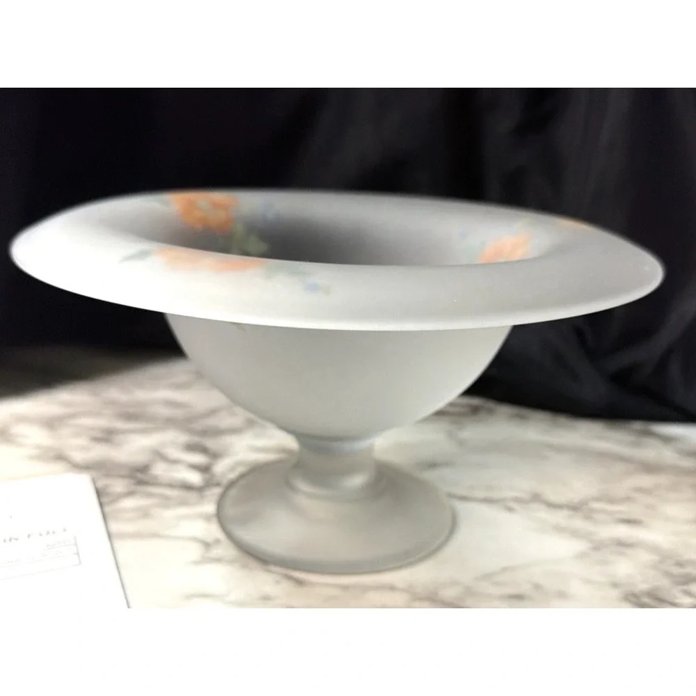 FROSTED SATIN GLASS PEDESTAL CANDY/CENTER BOWL‎ WITH HANDPAINTED FLOWERS (2797)
